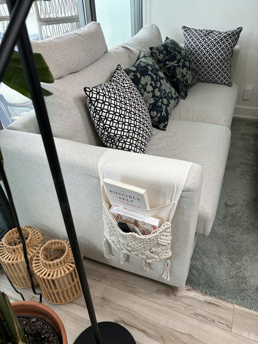 Eco-Friendly Handwoven Macrame Sofa Caddy – Sustainable Boho Storage and Décor