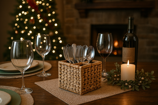 Dining table setup with wine glasses, cutlery, and a candle in front of a Christmas tree and fireplace and a water hyacinth wicker square cutlery box