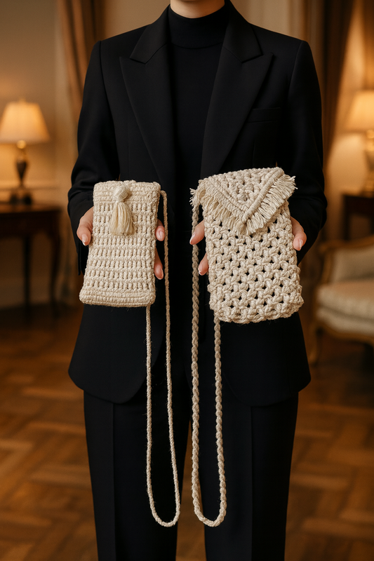 Person holding two phone bags one crochet and another macrame bin a room with lamps and curtains.