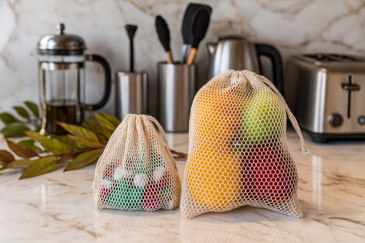 Reusable Cotton Mesh Produce Bags - 100% Cotton, Durable, Double Stitched, Washable with Drawstring - Mesh Bags for Grocery Shopping, Vegetables & Fruits