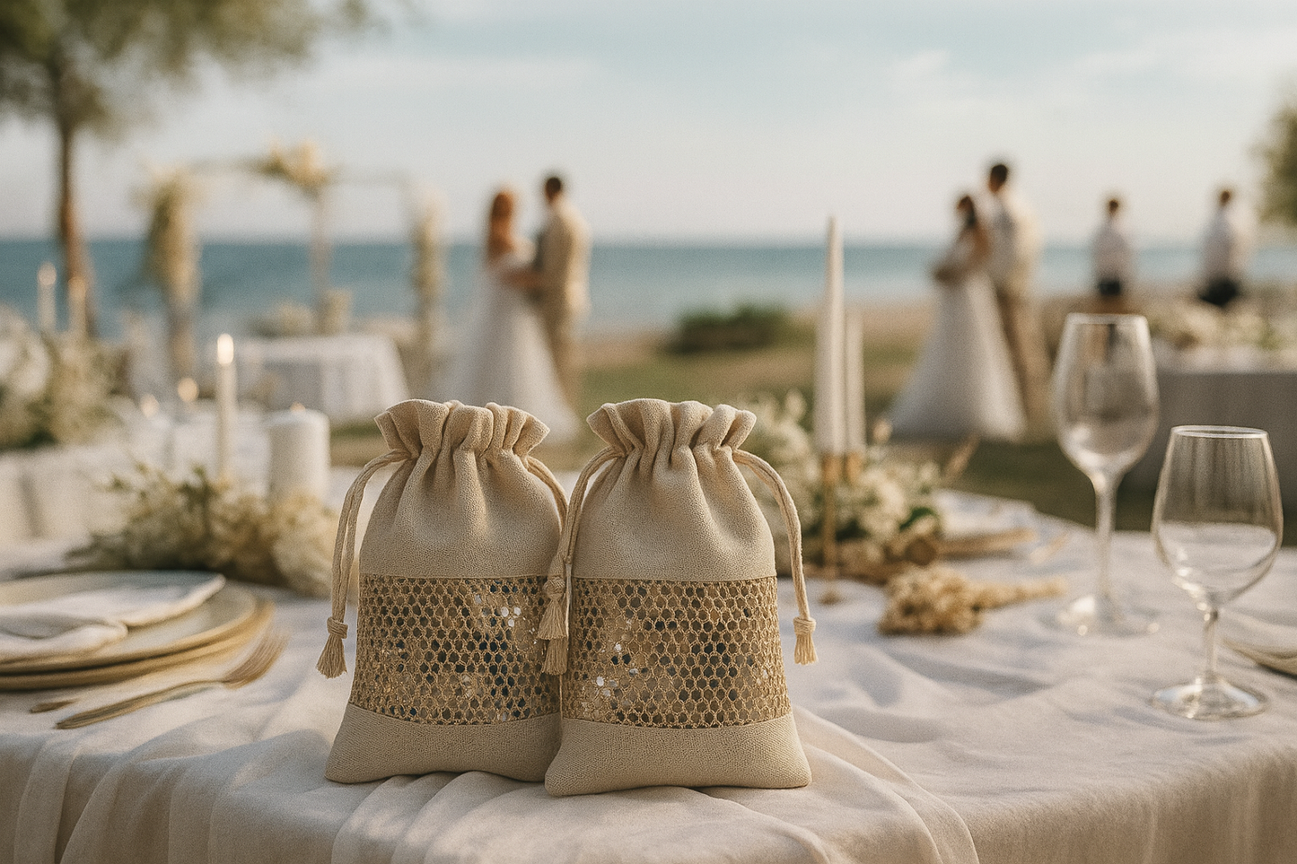 Canvas Favor Bags with Drawstring & Mesh Window 5x8 or 8x12 inches
