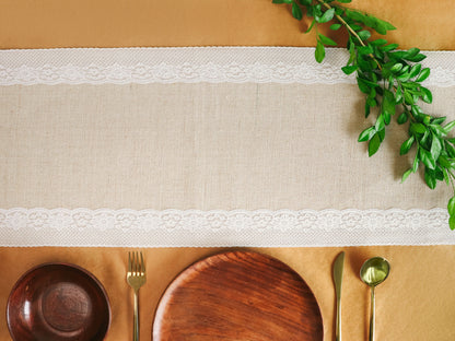 Handcrafted Burlap Table Runner with lace – Sustainable Rustic Elegance