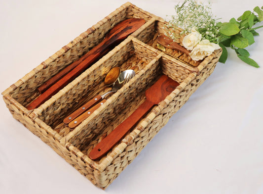 Eco-Friendly Water Hyacinth Cutlery & Drawer Organizer – Sustainable Handwoven Storage Tray for Kitchen & Home