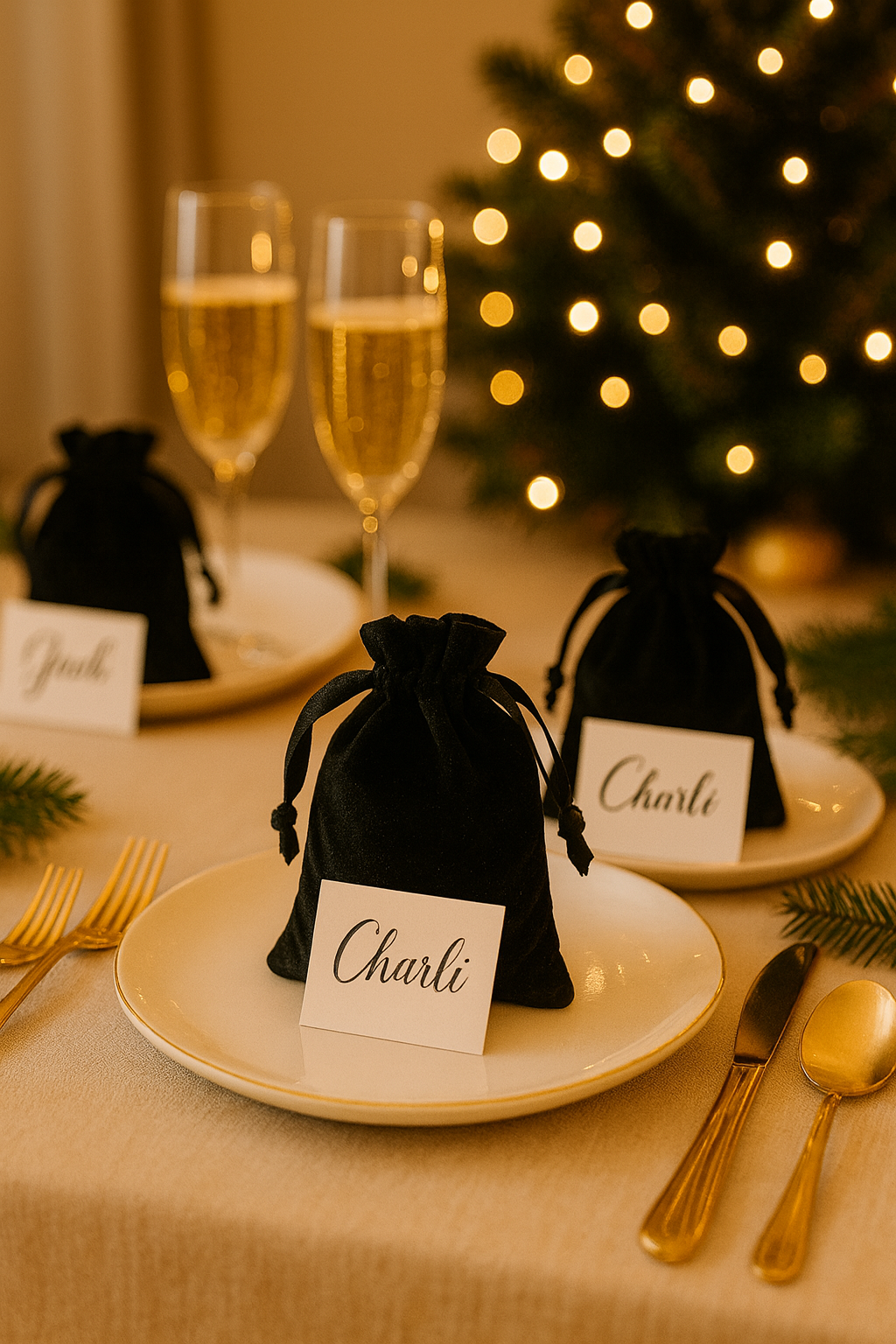 Table setting with black drawstring bags wedding favors and name cards in front of a Christmas tree.