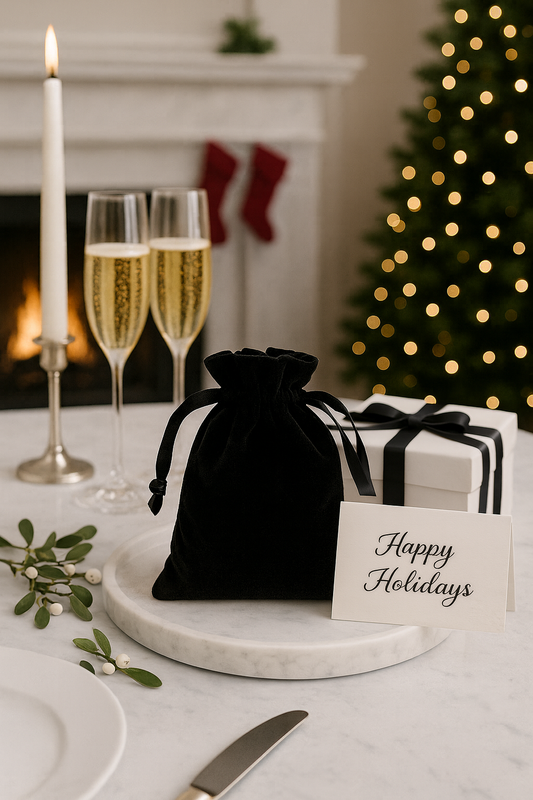 Christmas-themed table setting with champagne, black pouch, and gift box in front of a fireplace and decorated tree.