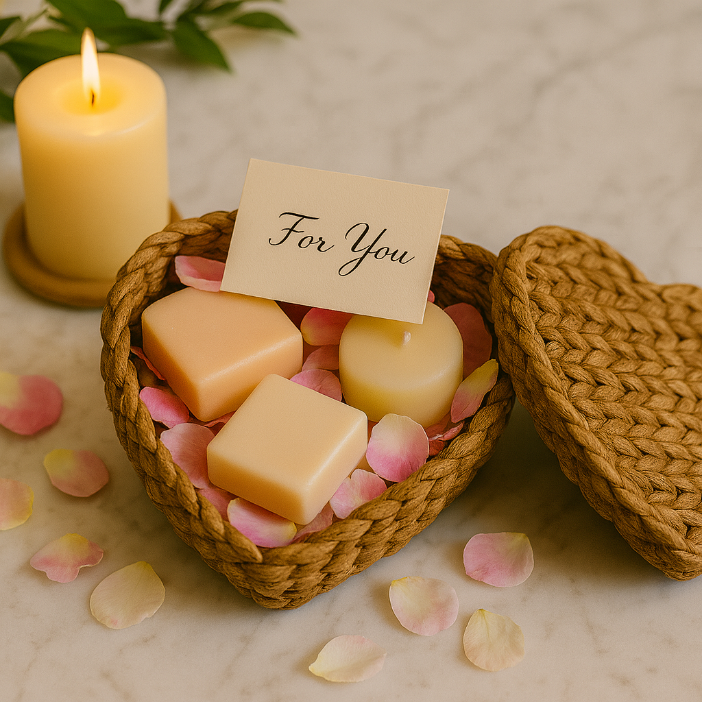 Woven water hyacinth heart shaped basket with candles and soap on a marble surface with a 'For You' card.