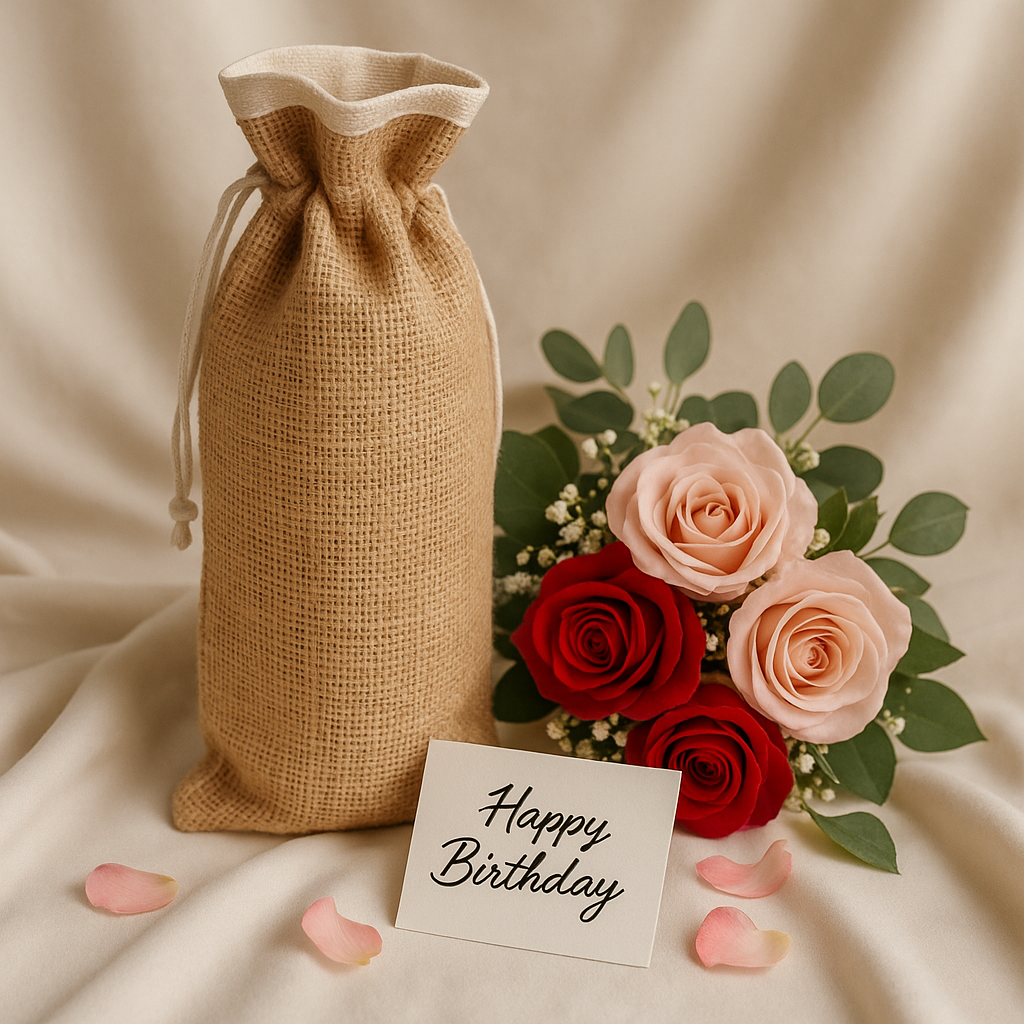 Burlap drawstring winebag, bouquet of roses, and 'Happy Birthday' card on a beige fabric background