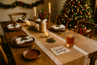 Burlap Jute Table runner with white cotton lace 6 feet long for christmas or event or elegant table decor