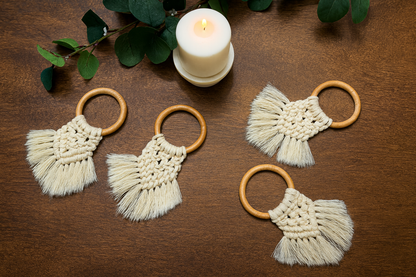 Boho napkin rings with wooden rings and macrame design for elegant dining and events and weddings table decor