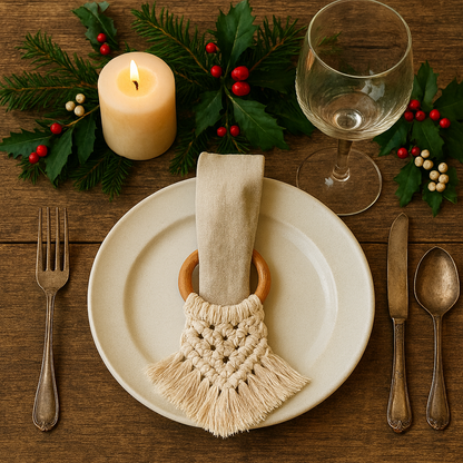 Boho napkin rings with wooden rings and macrame design for elegant dining and events and weddings table decor