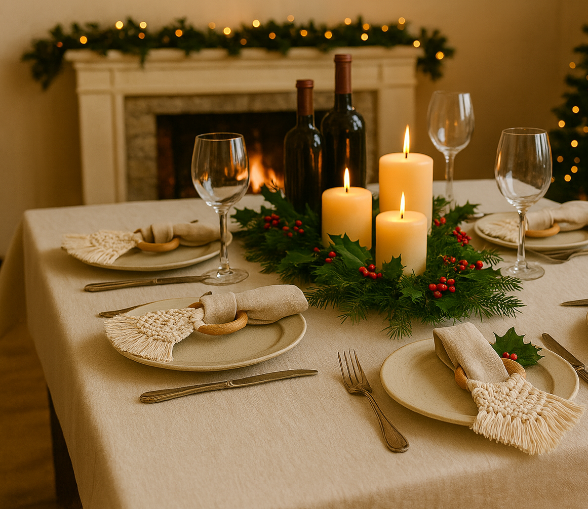 Boho napkin rings with wooden rings and macrame design for elegant dining and events and weddings table decor