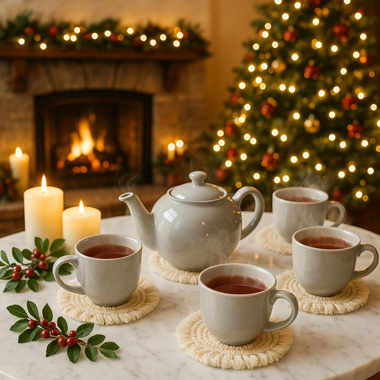 Boho macrame drink coasters hand woven elegant Tea set on a table with a Christmas tree and fireplace in the background