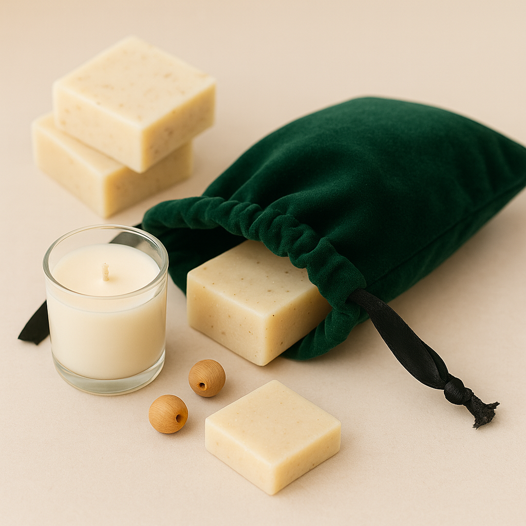 Three bars of soap, a candle, and a green velvet bag on a beige surface in a green velvet bag or wedding favor