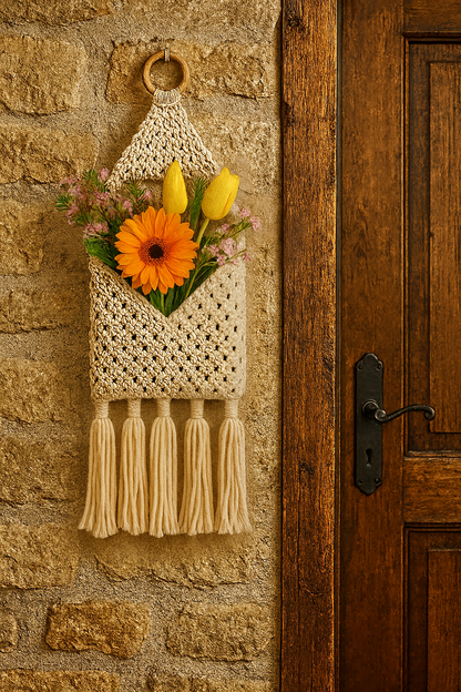 Boho Macrame wall hanging with flowers attached to a stone wall next to a wooden door.