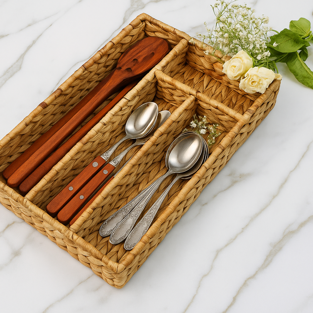 Wicker water hyacinth  rectangular cutlery holder with wooden spoons and silver forks on a marble surface.