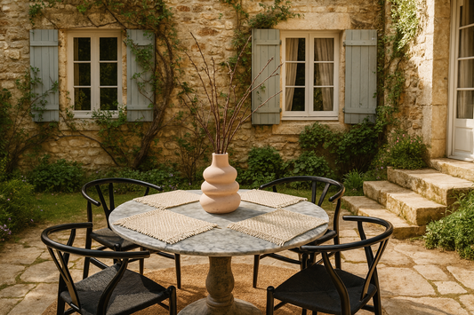 Boho macrame woven placemats on Round stone table with chairs in front of a stone building