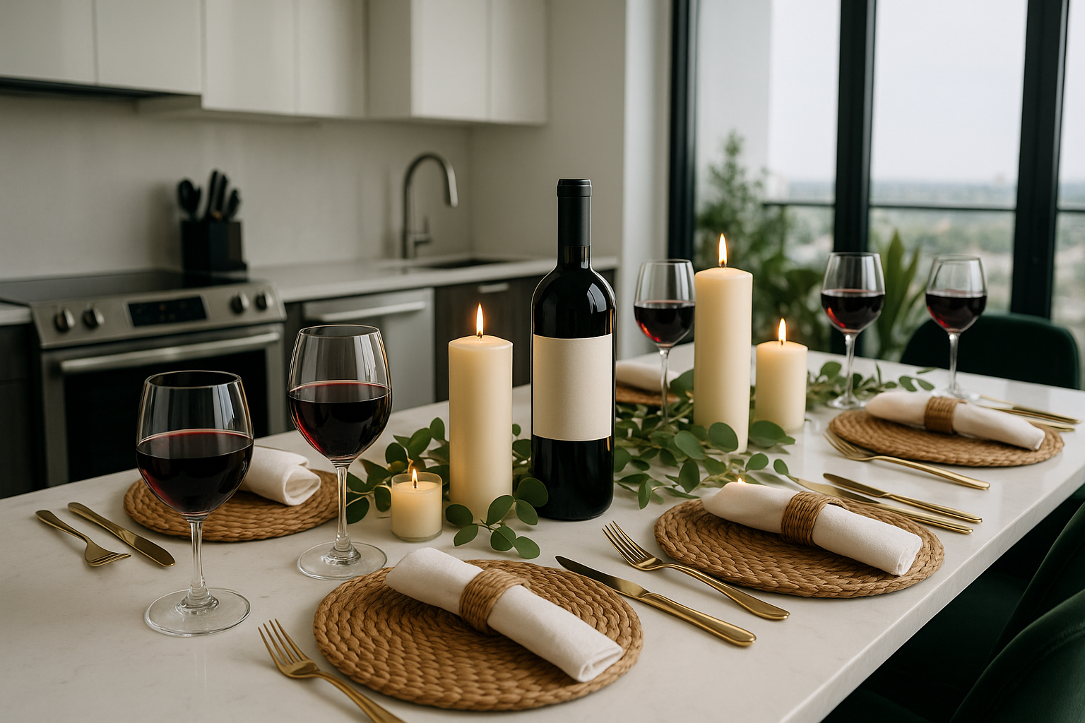 Dining table set with wine glasses, bottles, candles, and woven wicker water hyacinth placemats and settings in a kitchen.