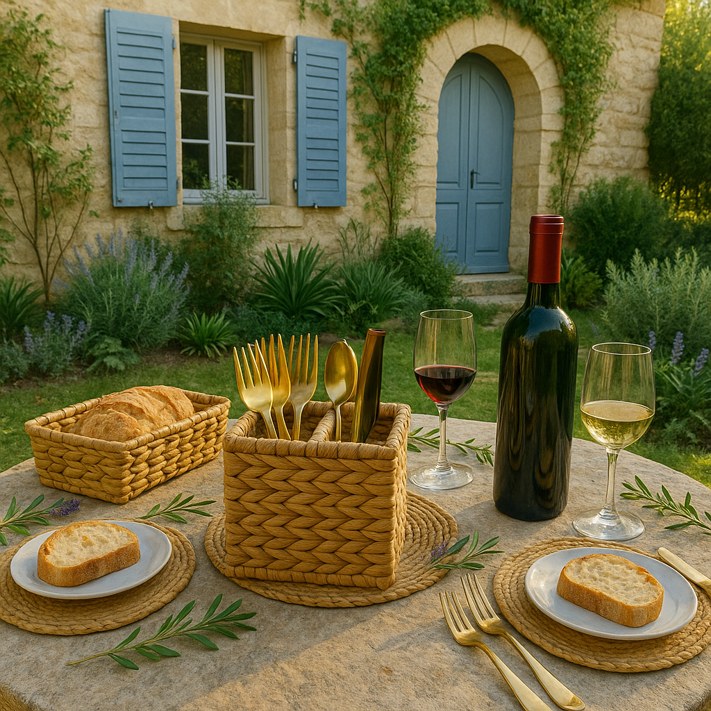 Outdoor setting with a table set for a meal, including wine, bread, and cutlery, in front of a stone building with blue shutters and door and square water hyacinth woven wicker cutlery box