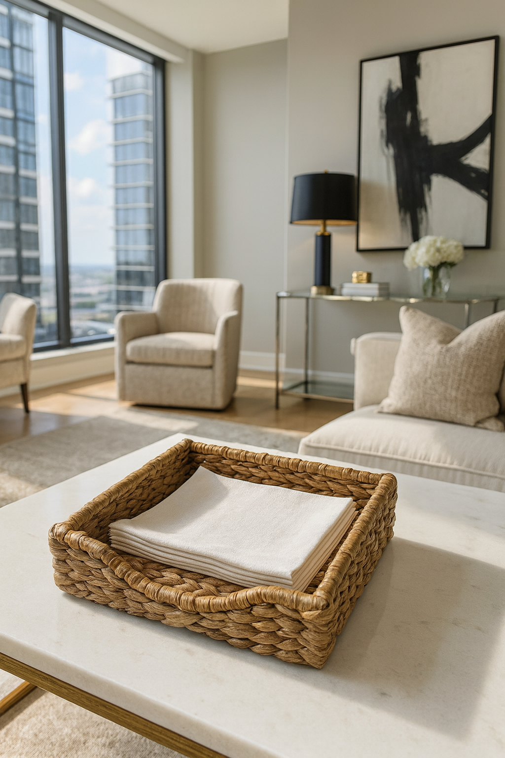 Modern living room with a wicker water hyacinth woven napkin tray on a coffee table, armchairs, and a cityscape view