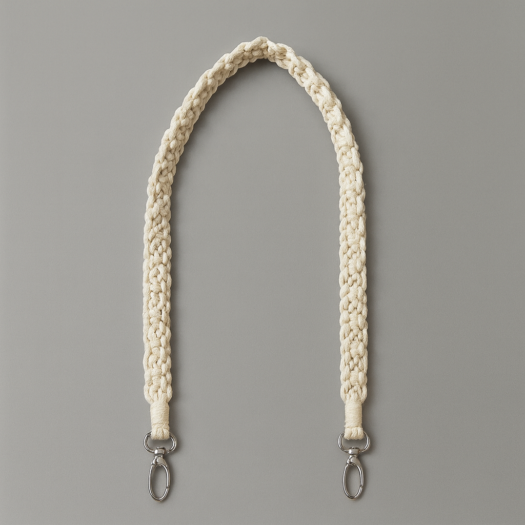 White braided boho macrame strap with metal hooks on a gray background