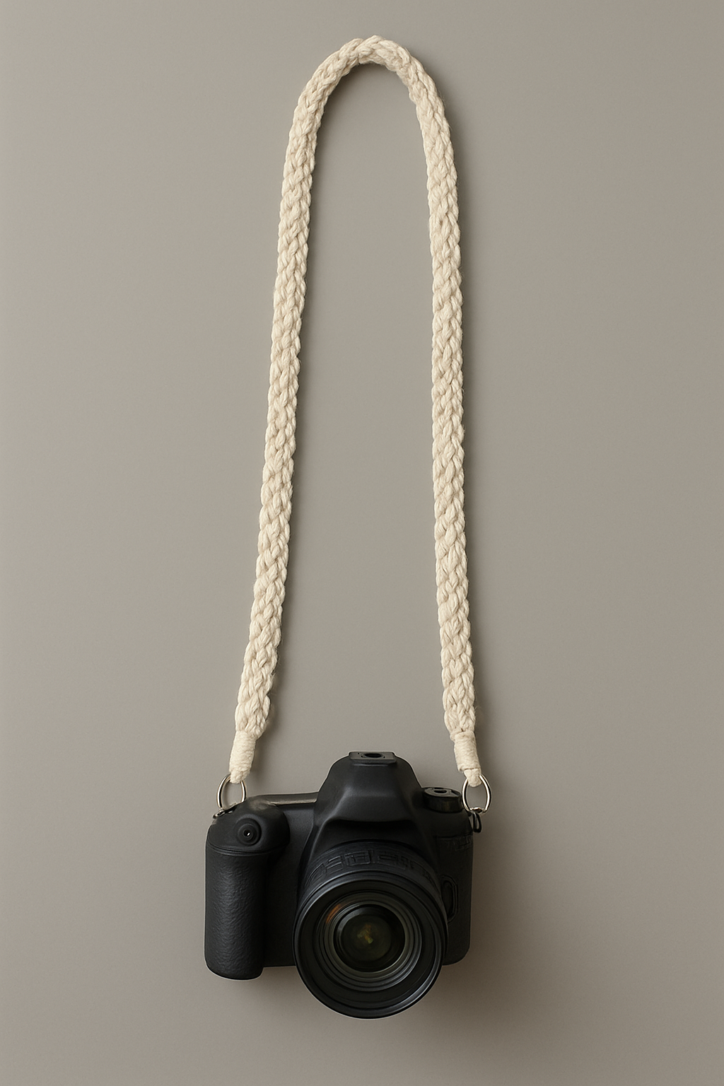 Black camera with a braided boho macrame white strap on a gray background