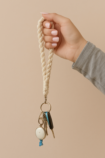 a macrame keychain with braided cord against a beige background