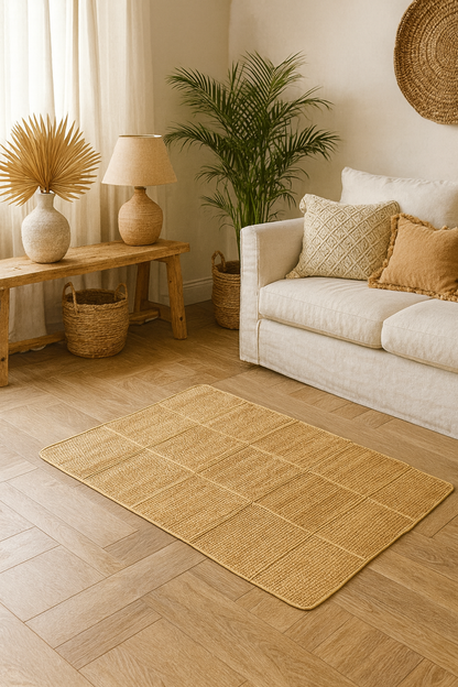 Living room with a water hyacinth woven wicker floor mat, white sofa, and decorative elements.