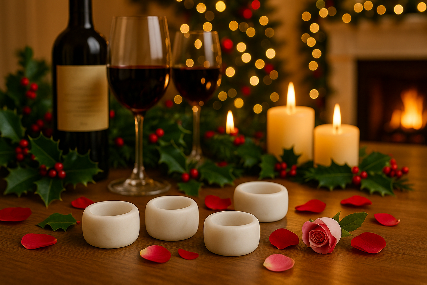 Wine glasses, bottle, candles, and flowers on a table with a festive background and marble napkin rings