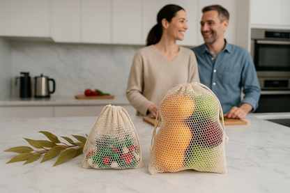 Reusable Cotton Mesh Produce Bags - 100% Cotton, Durable, Double Stitched, Washable with Drawstring - Mesh Bags for Grocery Shopping, Vegetables & Fruits