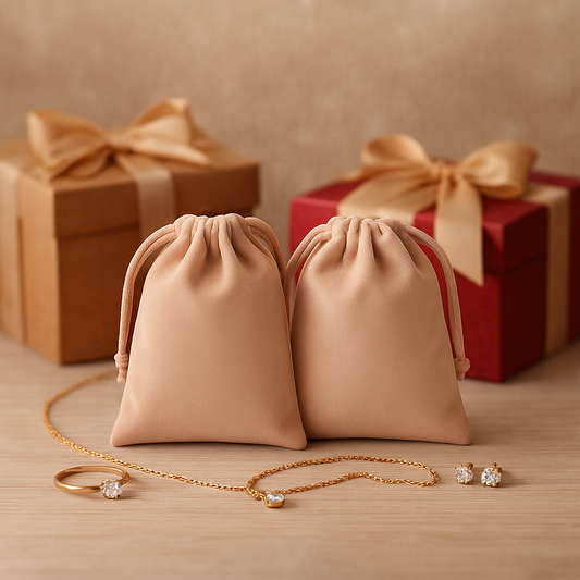 Two pink velvet drawstring bags favors on a wooden surface with Christmas decorations including red berries and pine cones.