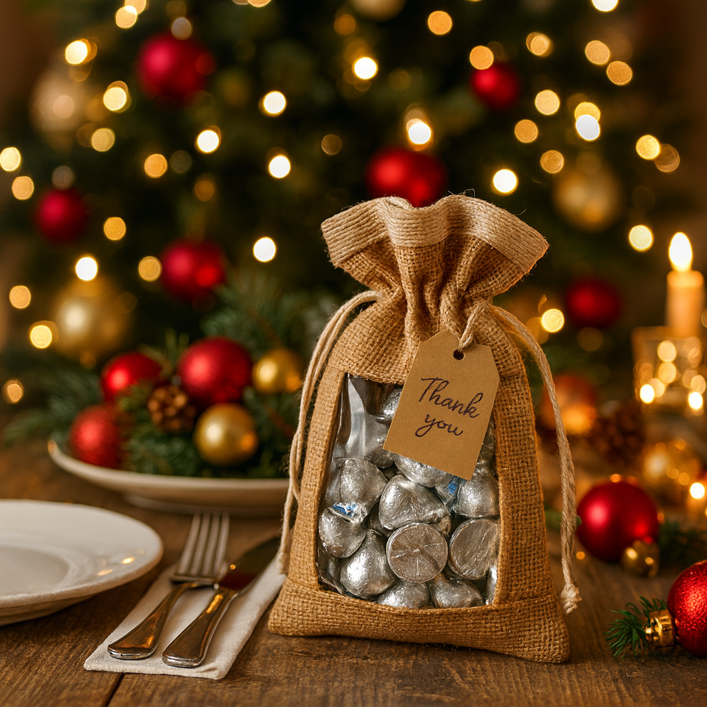 Burlap bag favor with window with silver candies and 'Thank you' tag in front of a Christmas tree.