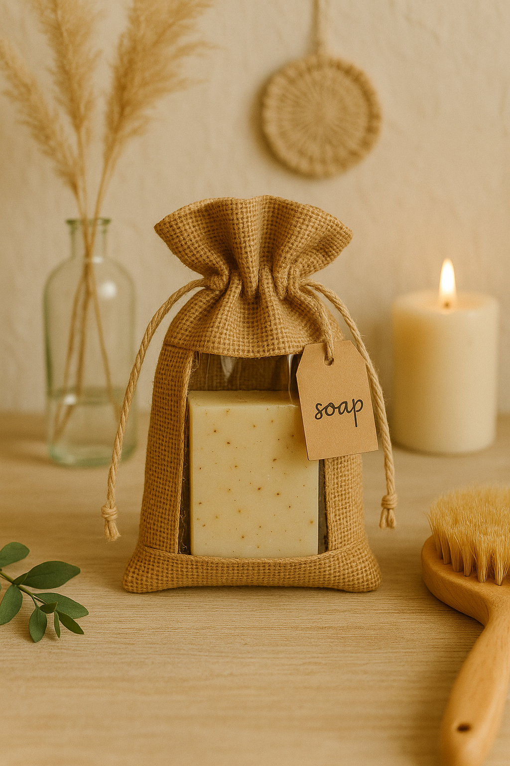 Bar of soap in a drawstring Burlap bag with window with a 'soap' tag on a wooden surface with decorative elements.